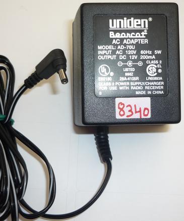 UNIDEN AD-70U AC ADAPTER 12VDC 200mA USED -(+) 1x3.3mm RADIO REC