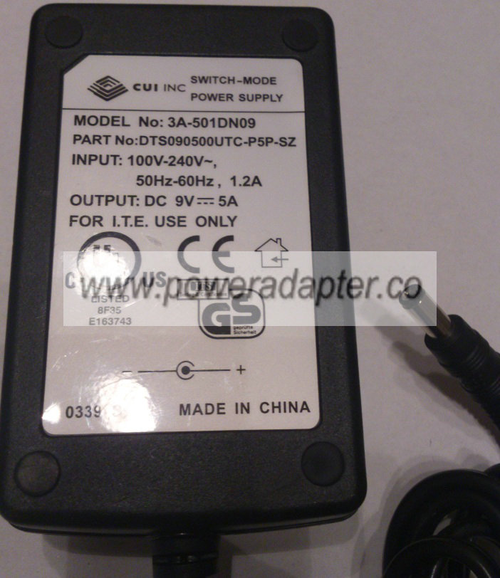 CUI 3A-501DN09 AC ADAPTER 9V DC 5A NEW 2 x 5.5 x 12mm CUI 3A-501DN09 AC ADAPTER 9V DC 5A NEW 2 x 5.5 x 12mm