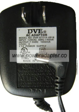 DVE DVR-0751A-4818 AC ADAPTER 7.5V DC 1000mA Used 2.5 x 5.5 x 9. DVE DVR-0751A-4818 AC ADAPTER 7.5V DC 1000mA Used 2.5 x 5.5 x 9.