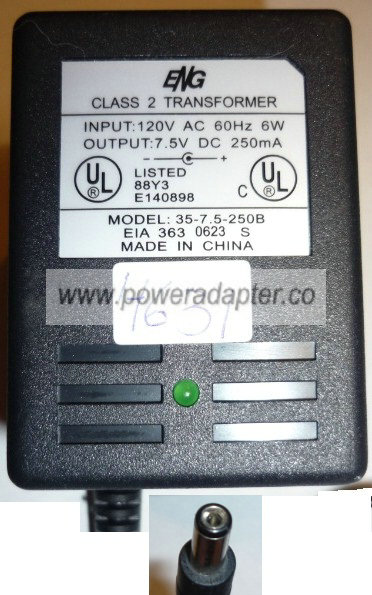 ENG 35-7-5-250B AC ADAPTER 7.5V 250MA POWER SUPPLY PLUG IN CLASS ENG 35-7-5-250B AC ADAPTER 7.5V 250MA POWER SUPPLY PLUG IN CLASS