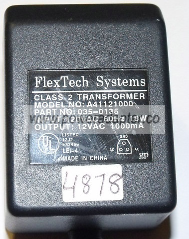 FLEXTECH SYSTEM A41121000 AC ADAPTER 12V 1000mA 18W 3 PIN DIRECT FLEXTECH SYSTEM A41121000 AC ADAPTER 12V 1000mA 18W 3 PIN DIRECT