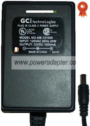 GCI TECHNOLOGIES AM-121000 AC ADAPTER 12VDC 1000mA 20W GCI TECHNOLOGIES AM-121000 AC ADAPTER 12VDC 1000mA 20W