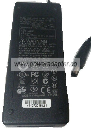 HJC HASU11FB40 AC ADAPTER 12VDC 3.30A NEW 2.7 x 5.5 x 9.5mm HJC HASU11FB40 AC ADAPTER 12VDC 3.30A NEW 2.7 x 5.5 x 9.5mm