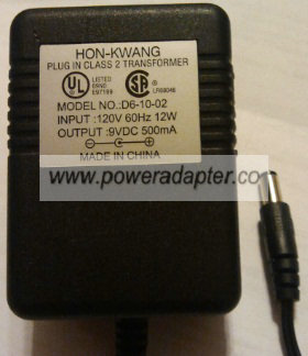 HON-KWANG D6-10-02 AC ADAPTER 9VDC 500mA CLASS 2 TRANSFORMER HON-KWANG D6-10-02 AC ADAPTER 9VDC 500mA CLASS 2 TRANSFORMER