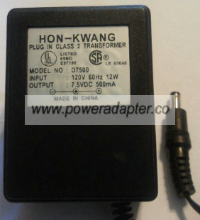 HON-KWANG D7500 AC ADAPTER 7.5V DC 500MA POWER SUPPLY HON-KWANG D7500 AC ADAPTER 7.5V DC 500MA POWER SUPPLY