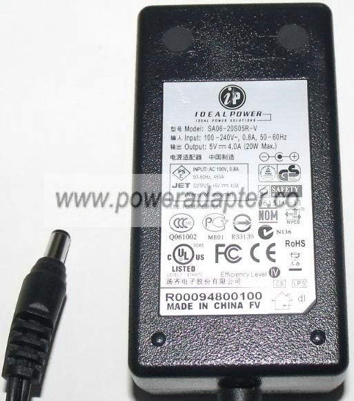 IDEAL POWER SA06-20S05R AC ADAPTER 5V DC 4A NEW 2.5 x 5.5 x 11. IDEAL POWER SA06-20S05R AC ADAPTER 5V DC 4A NEW 2.5 x 5.5 x 11.