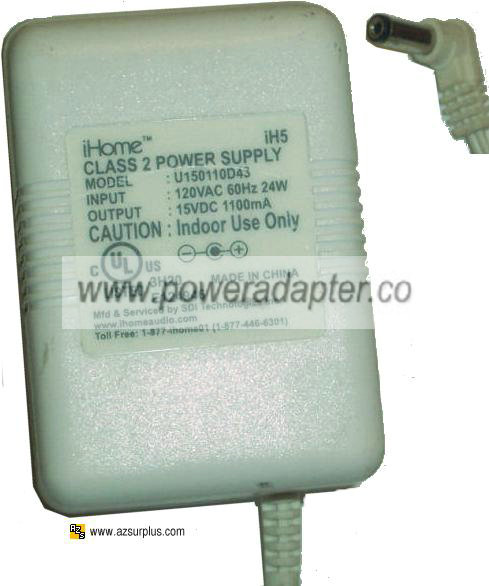 iHOME U150110D43 iH5 AC ADAPTER 15V DC 1100mA 24W POWER SUPPLY F iHOME U150110D43 iH5 AC ADAPTER 15V DC 1100mA 24W POWER SUPPLY F