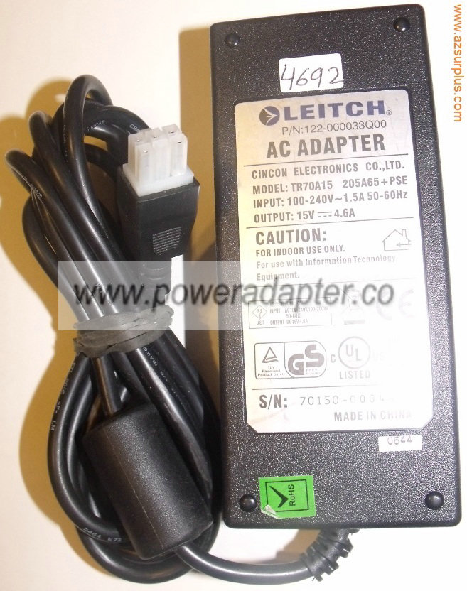 LEITCH TR70A15 205A65 PSE AC ADAPTER 15VDC 4.6A 6Pin POWER SUPPL LEITCH TR70A15 205A65 PSE AC ADAPTER 15VDC 4.6A 6Pin POWER SUPPL