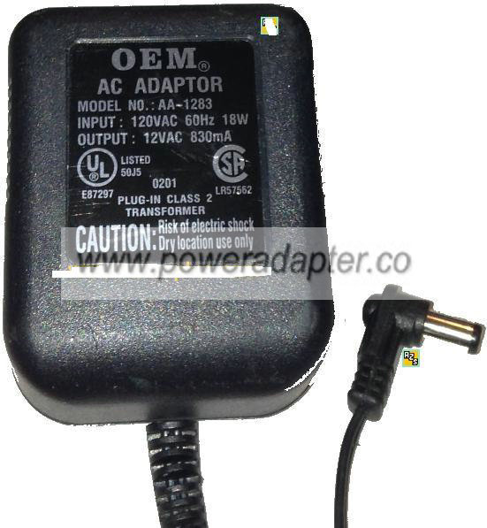 OEM AA-1283 AC ADAPTER 12VAC 830mA ~(~)~ 2x5.5mm Used 90 2 x 5. OEM AA-1283 AC ADAPTER 12VAC 830mA ~(~)~ 2x5.5mm Used 90 2 x 5.