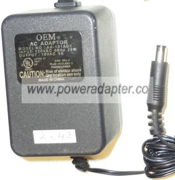 OEM AA-181ADT AC ADAPTER 18VAC 1A 26W ~(~)~ 3x6.5mm POWER SUPPLY OEM AA-181ADT AC ADAPTER 18VAC 1A 26W ~(~)~ 3x6.5mm POWER SUPPLY
