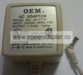 OEM AD-071A AC ADAPTER 7.5VDC 1A -( )- 2x5.5mm POWER SUPPLY OEM AD-071A AC ADAPTER 7.5VDC 1A -( )- 2x5.5mm POWER SUPPLY