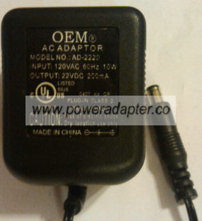 OEM AD-222D AC ADAPTER 22VDC 200mA -( )- 3x6.5mm POWER SUPPLY OEM AD-222D AC ADAPTER 22VDC 200mA -( )- 3x6.5mm POWER SUPPLY