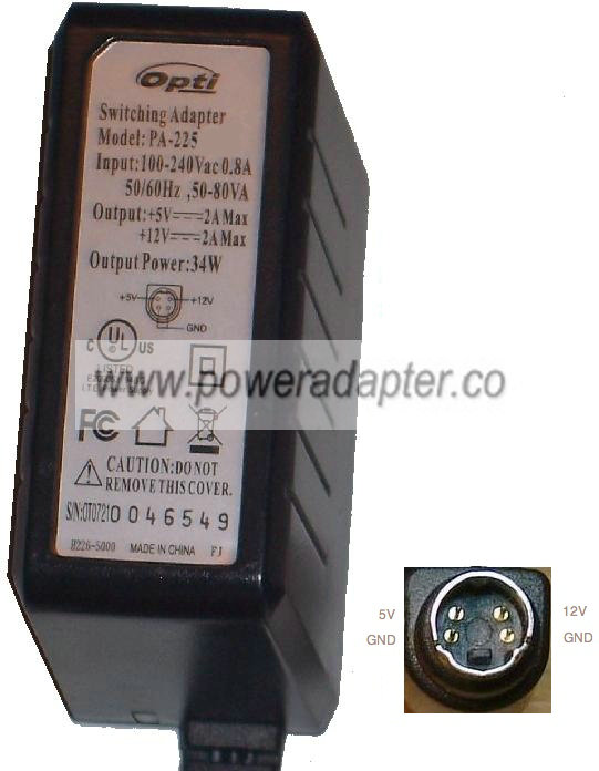 OPTI PA-225 AC ADAPTER 5VDC 12VDC 4Pins SWITCHING POWER SUPPLY OPTI PA-225 AC ADAPTER 5VDC 12VDC 4Pins SWITCHING POWER SUPPLY