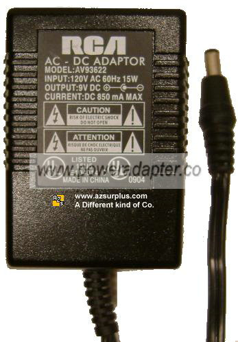 RCA AV93622 AC ADAPTER 9Vdc 0.85A (-) 1.5x5.5mm 120vac FOR CAS RCA AV93622 AC ADAPTER 9Vdc 0.85A (-) 1.5x5.5mm 120vac FOR CAS