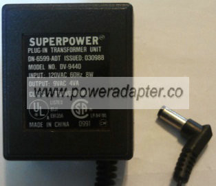 SUPERPOWER DV-9440 AC ADAPTER 9V 4VA POWER SUPPLY SUPERPOWER DV-9440 AC ADAPTER 9V 4VA POWER SUPPLY