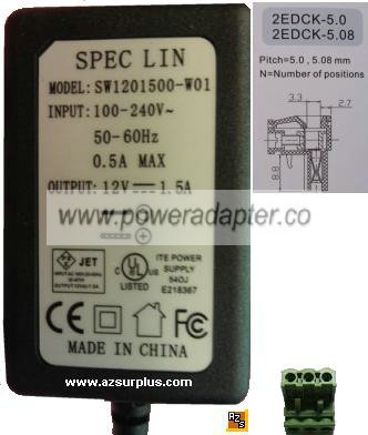 Spec Lin SW1201500-W01 AC Adapter 12VDC 1.5A 3Pin Block NEW Powe Spec Lin SW1201500-W01 AC Adapter 12VDC 1.5A 3Pin Block NEW Powe