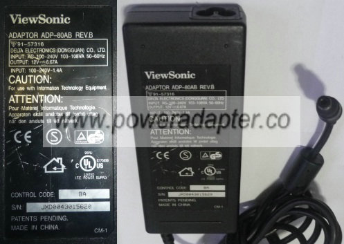 VIEWSONIC ADP-80AB AC ADAPTER 12VDC 6.67A 3.3x6.4mm -( )- POWER VIEWSONIC ADP-80AB AC ADAPTER 12VDC 6.67A 3.3x6.4mm -( )- POWER