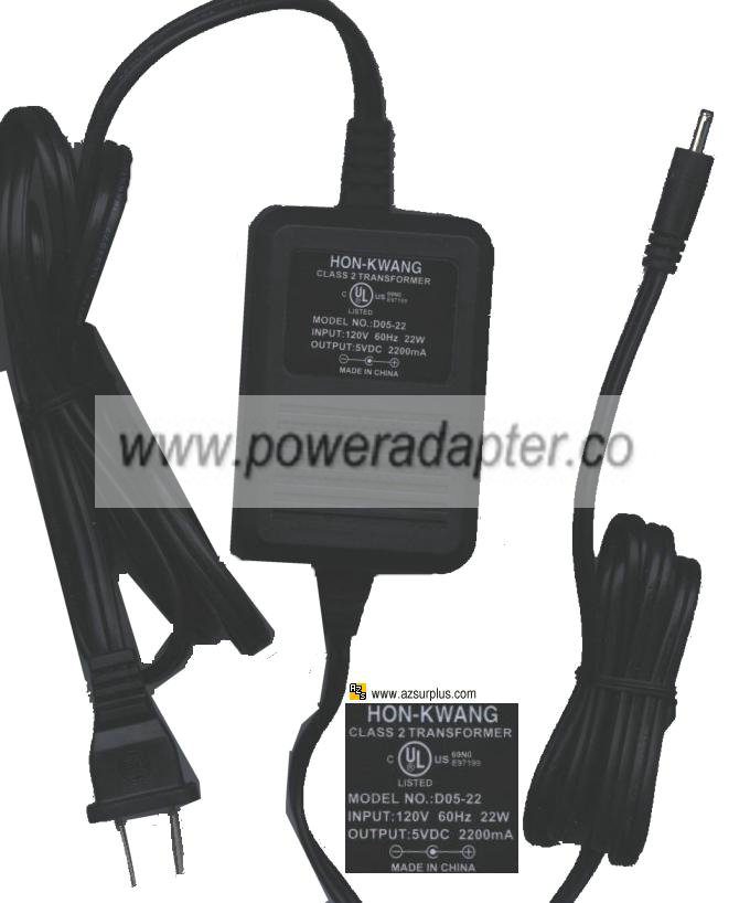 HON-KWANG D05-22 AC ADAPTER 5VDC 2200mA 22W CLASS 2 TRANFORMER HON-KWANG D05-22 AC ADAPTER 5VDC 2200mA 22W CLASS 2 TRANFORMER