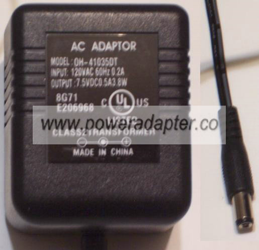 OH-41035DT AC DC ADAPTER 7.5V 0.5A 3.8W POWER SUPPLY CLASS 2 TRA OH-41035DT AC DC ADAPTER 7.5V 0.5A 3.8W POWER SUPPLY CLASS 2 TRA