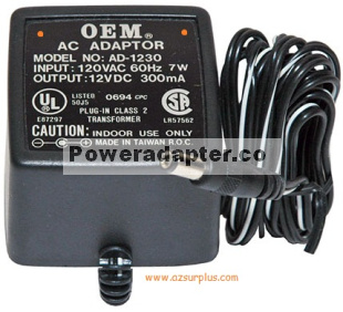 OEM AD-1230 AC ADAPTER 12VDC 300mA -( )- 2.5x5.5mm Linear Power OEM AD-1230 AC ADAPTER 12VDC 300mA -( )- 2.5x5.5mm Linear Power