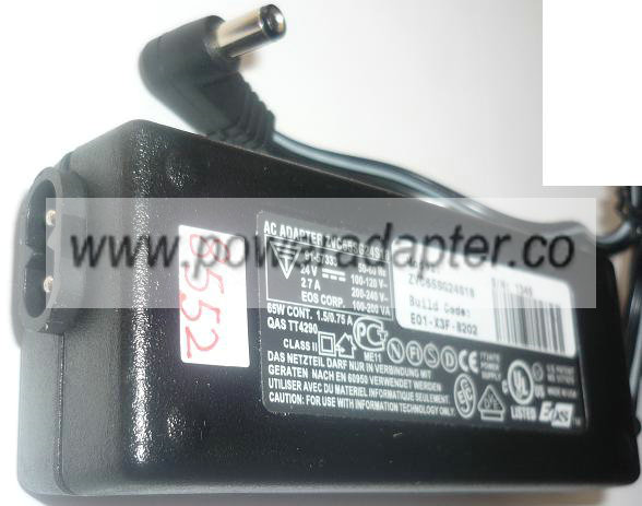 DVE EOS ZVC65SG24S18 AC ADAPTER 24VDC 2.7A USED -(+) 2.5x5.5mm P DVE EOS ZVC65SG24S18 AC ADAPTER 24VDC 2.7A USED -(+) 2.5x5.5mm P