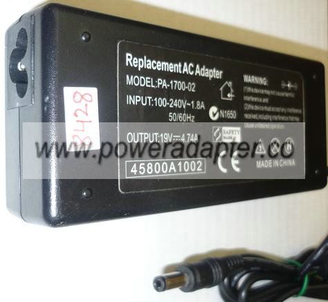FINECOM REPLACEMENT PA-1700-02 AC ADAPTER 19VDC 4.74A USED -(+) FINECOM REPLACEMENT PA-1700-02 AC ADAPTER 19VDC 4.74A USED -(+)