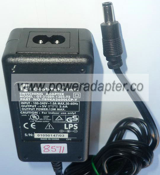 GLOBTEK GT-21089-1305-T2 AC ADAPTER +5VDC 2.6A 13W USED -(+) 3x5 GLOBTEK GT-21089-1305-T2 AC ADAPTER +5VDC 2.6A 13W USED -(+) 3x5
