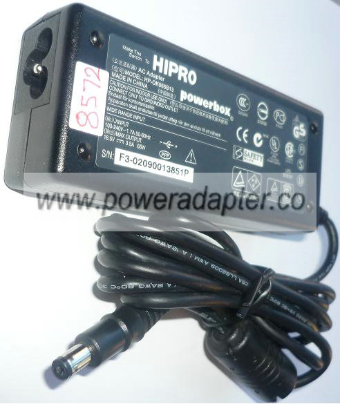 HIPRO HP-OK065B13 AC ADAPTER 18.5VDC 3.5A 65W USED -(+) 2x5.5x9. HIPRO HP-OK065B13 AC ADAPTER 18.5VDC 3.5A 65W USED -(+) 2x5.5x9.