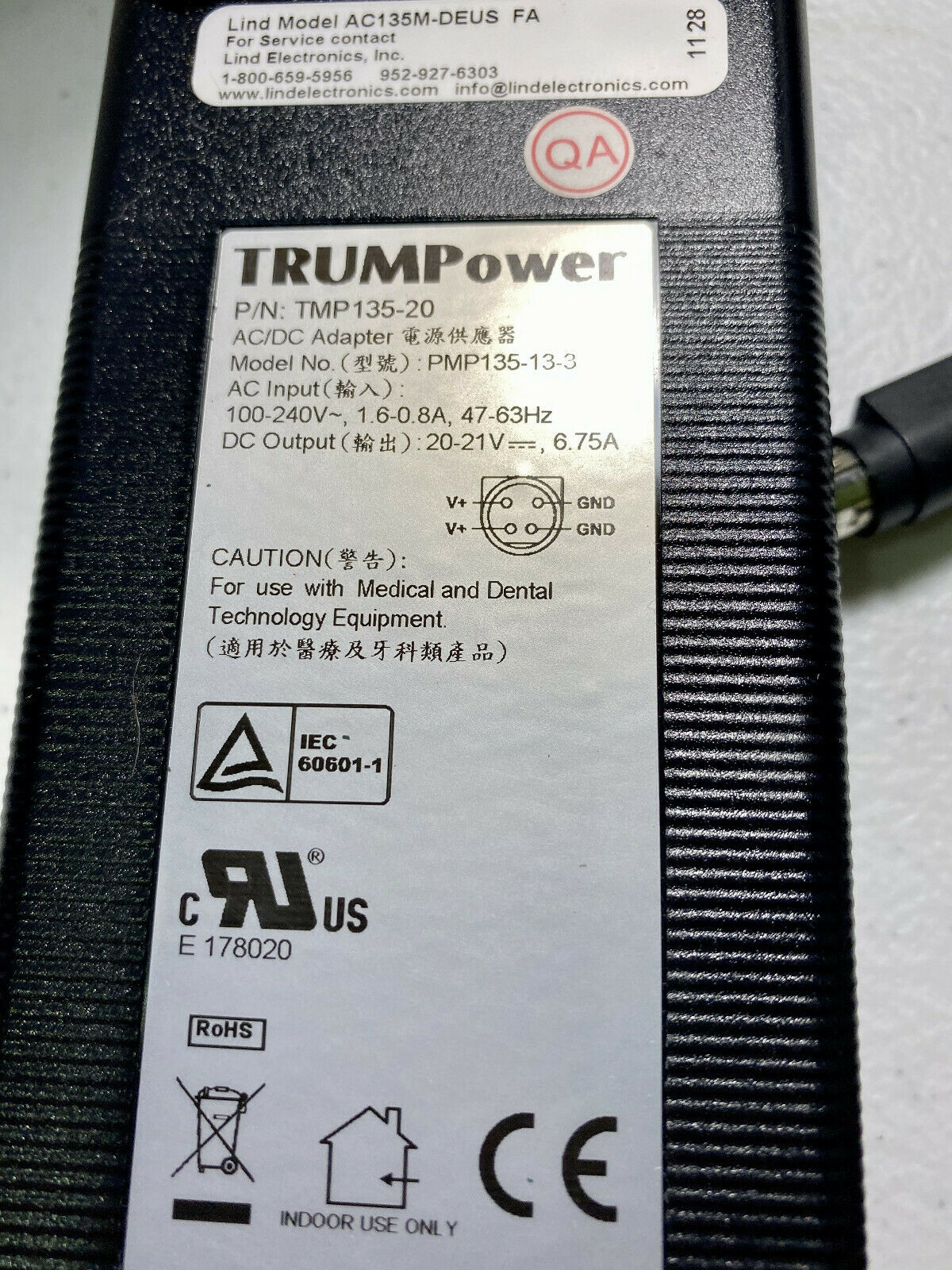 LIND 135 W 20 V Adapter for Dell Latitude Laptop Medical Grade AC135M-DEUS Country/Region of Manufacture: Taiwan Compa LIND 135 W 20 V Adapter for Dell Latitude Laptop Medical Grade AC135M-DEUS Country/Region of Manufacture: Taiwan Compa