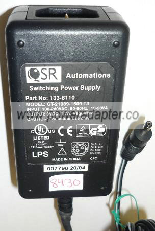 QSR GT-21089-1509-T3 AC ADAPTER 9VDC 1.7A USED 1x3.4mm STRAIGHT QSR GT-21089-1509-T3 AC ADAPTER 9VDC 1.7A USED 1x3.4mm STRAIGHT