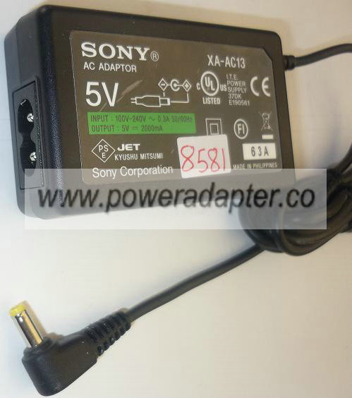 SONY XA-AC13 AC ADAPTER 5VDC 2000mA USED -(+) 1.5x4x10mm 90 DEGR SONY XA-AC13 AC ADAPTER 5VDC 2000mA USED -(+) 1.5x4x10mm 90 DEGR