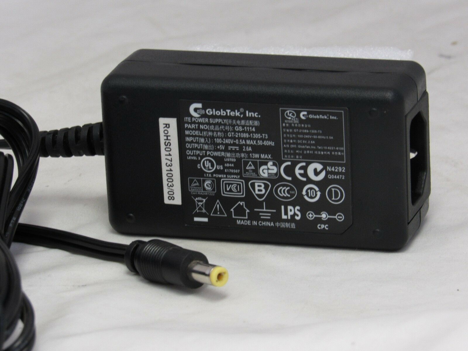 GlobTek ITE Powersupply AC Adapter GT-21089-1305-T3 EW Compatible Brand: power supply Type: power supply Max. Output GlobTek ITE Powersupply AC Adapter GT-21089-1305-T3 EW Compatible Brand: power supply Type: power supply Max. Output