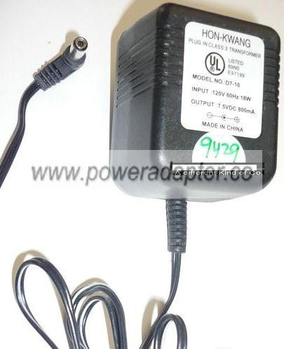 HON-KWANG D7-10 AC ADAPTER 7.5VDC 800mA USED -(+) 1.7x5.5x12mm HON-KWANG D7-10 AC ADAPTER 7.5VDC 800mA USED -(+) 1.7x5.5x12mm