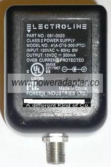 LECTROLINE 41A-D15-300(PTC) AC ADAPTER 15VDC 300mA USED -(+) LECTROLINE 41A-D15-300(PTC) AC ADAPTER 15VDC 300mA USED -(+)