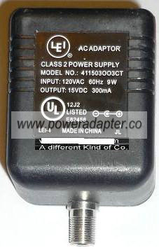 LEI 411503OO3CT AC ADAPTER 15VDC 300mA USED -(+) coax cable LEI 411503OO3CT AC ADAPTER 15VDC 300mA USED -(+) coax cable