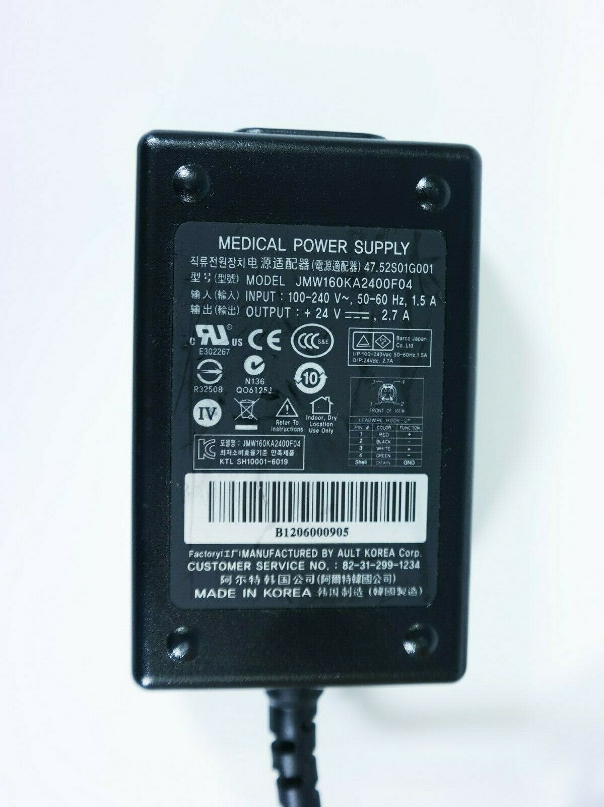Original Ault JMW160KA2400F04 4-Pin Medical Power Supply 24V 2.7A w/Cord Connection Split/Duplication: 1:4 Type: AC/ Original Ault JMW160KA2400F04 4-Pin Medical Power Supply 24V 2.7A w/Cord Connection Split/Duplication: 1:4 Type: AC/