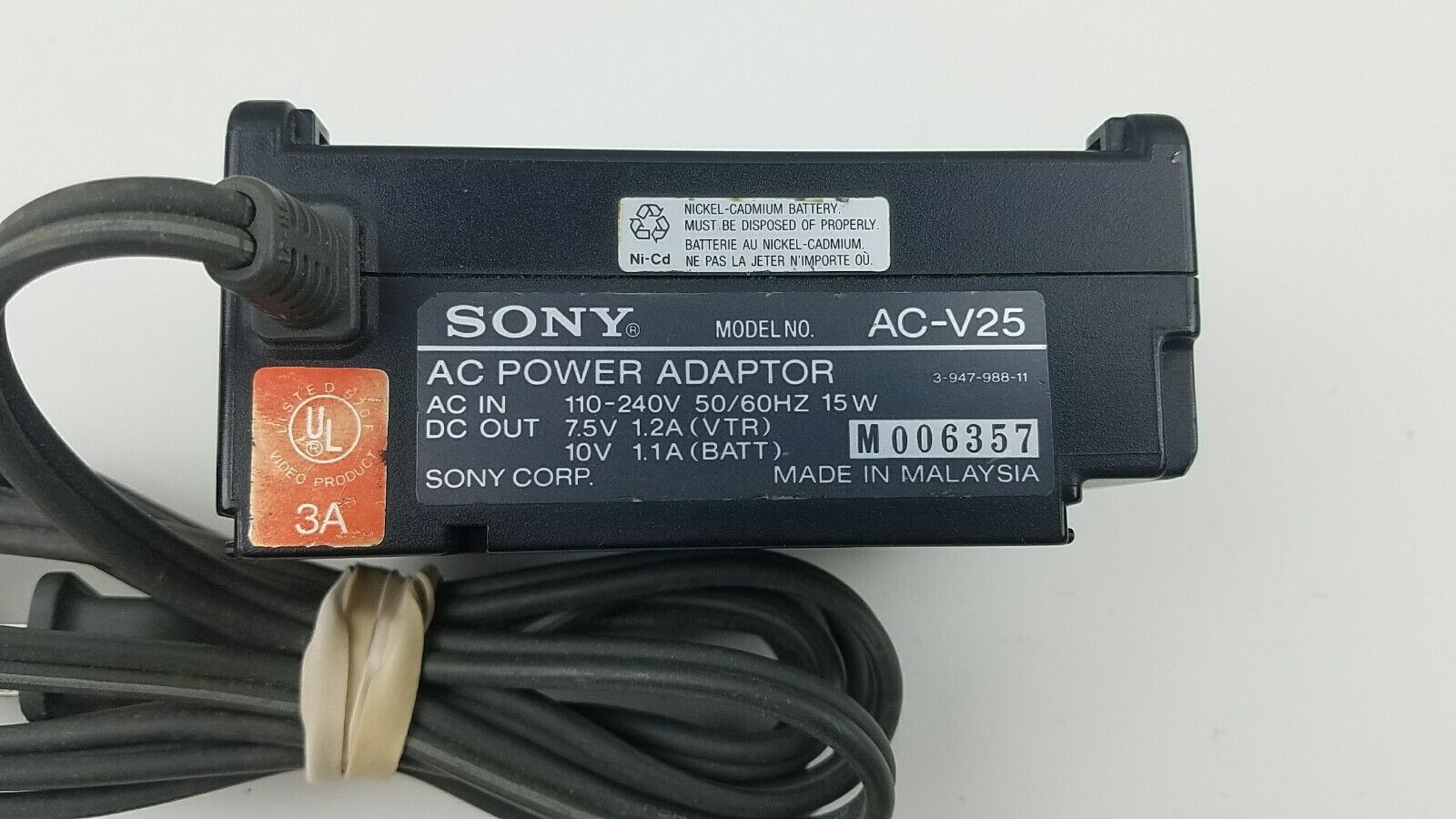 Sony AC-V25 Power Adaptor 7.5V 10V AC Battery Charger Video Camcorder Brand: Sony Country/Region of Manufacture: Mal Sony AC-V25 Power Adaptor 7.5V 10V AC Battery Charger Video Camcorder Brand: Sony Country/Region of Manufacture: Mal