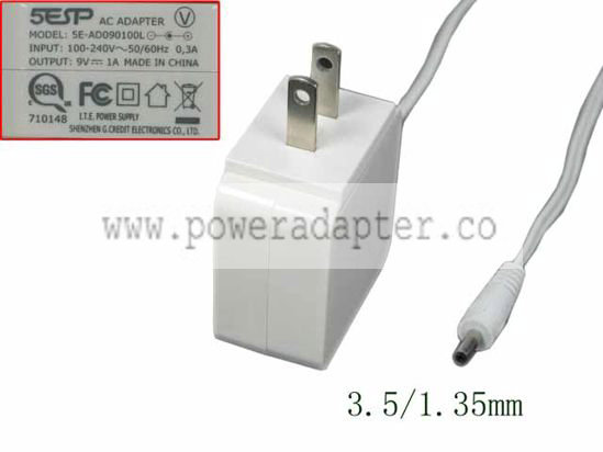 5ESP SE-AD090100L AC Adapter 9V 1A, 3.5/1.35mm SE-AD090100L, White Products specifications Model SE-AD090100L Item Cond 5ESP SE-AD090100L AC Adapter 9V 1A, 3.5/1.35mm SE-AD090100L, White Products specifications Model SE-AD090100L Item Cond