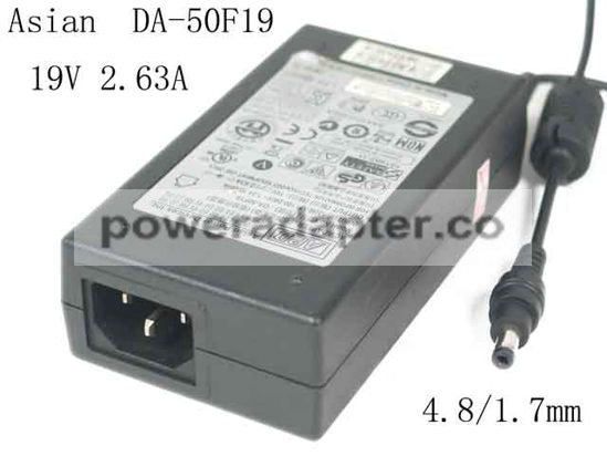 19V 2.63A APD/Asian Power Devices DA-50F19 AC Adapter-Laptop,4.8/1.7mm,IEC C14 Products specifications Model DA-50F19 I 19V 2.63A APD/Asian Power Devices DA-50F19 AC Adapter-Laptop,4.8/1.7mm,IEC C14 Products specifications Model DA-50F19 I