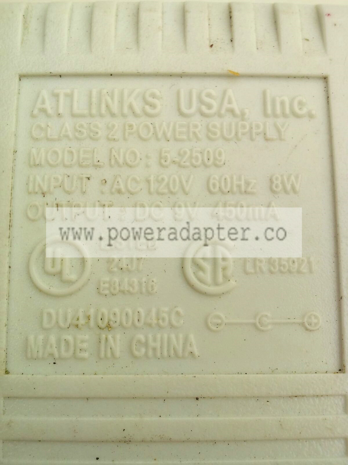 Atlinks USA Inc Class 2 AC Power Supply 5-2509 Adapter 9VDC 450mA Brand: ATLINKS USA, Inc. MPN: 5-2509 Model: 5-25 Atlinks USA Inc Class 2 AC Power Supply 5-2509 Adapter 9VDC 450mA Brand: ATLINKS USA, Inc. MPN: 5-2509 Model: 5-25