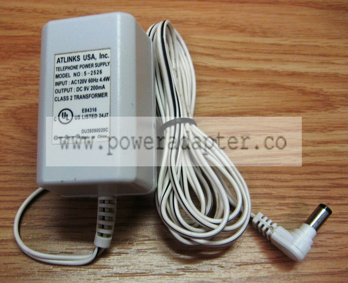 Atlinks (5-2526) Telephone Power Supply 9VDC 200mA Class 2 Transformer part no:5-2526 output:9v dc 200ma 30days mo Atlinks (5-2526) Telephone Power Supply 9VDC 200mA Class 2 Transformer part no:5-2526 output:9v dc 200ma 30days mo