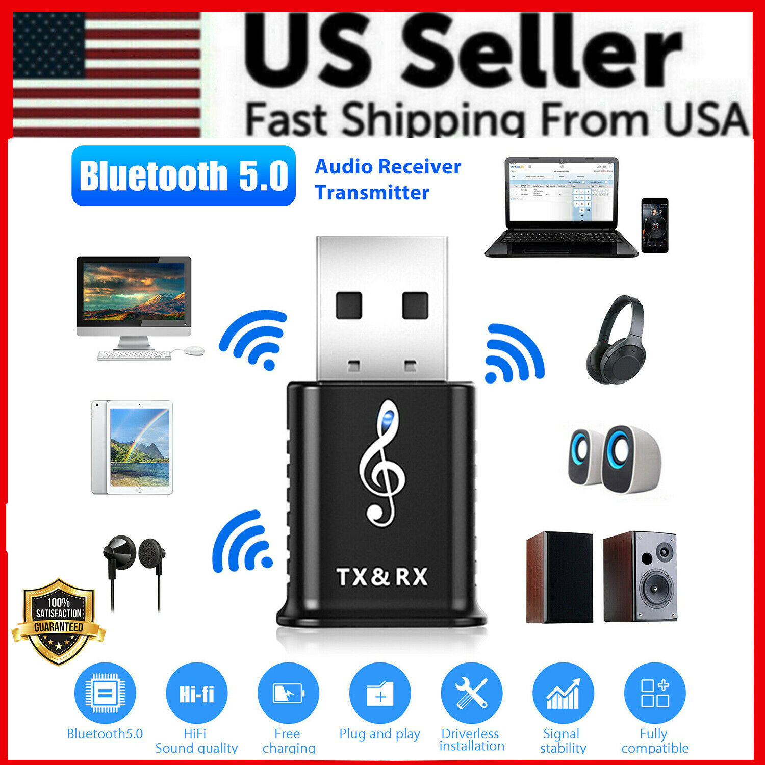 Bluetooth 5.0 Audio Transmitter Receiver USB Adapter For TV PC Car AUX Speaker Model: MH-968 To Fit: Audio Receivers, Bluetooth 5.0 Audio Transmitter Receiver USB Adapter For TV PC Car AUX Speaker Model: MH-968 To Fit: Audio Receivers,