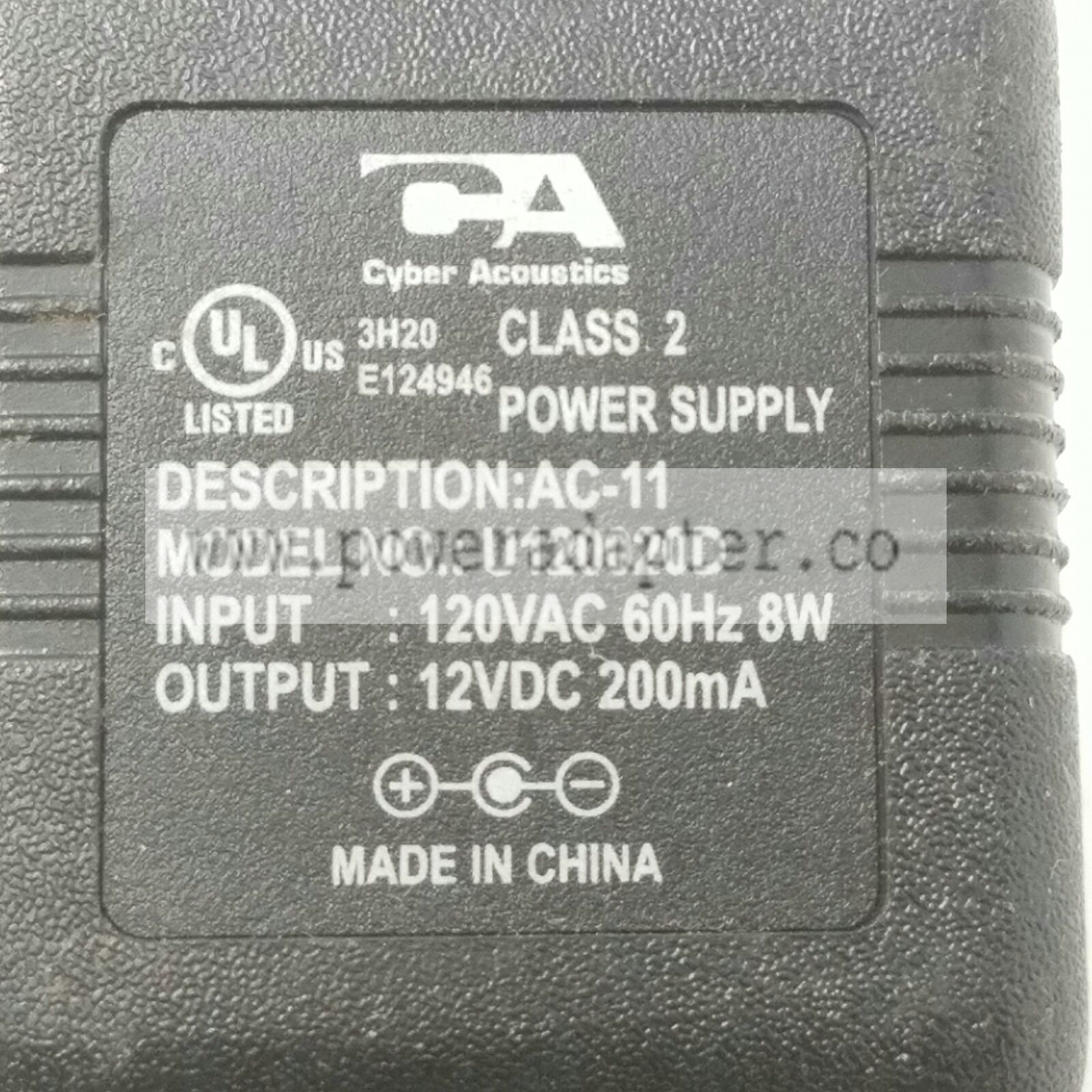 Cyber Acoustics AC-11 AC Power Adapter U120020D Output 12VDC 200mA Brand: Cyber Acoustics MPN: U120020D Model: U1 Cyber Acoustics AC-11 AC Power Adapter U120020D Output 12VDC 200mA Brand: Cyber Acoustics MPN: U120020D Model: U1