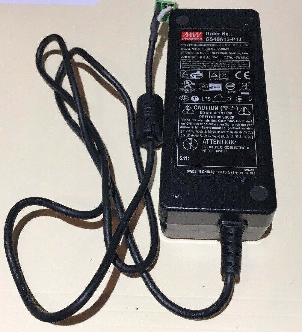Mean Well GS40A15-P1Jb Power Supply AC/DC 14V, 2.67A Maximum Voltage Output: 15 V Maximum Current Output: 1 A MPN: Mean Well GS40A15-P1Jb Power Supply AC/DC 14V, 2.67A Maximum Voltage Output: 15 V Maximum Current Output: 1 A MPN: