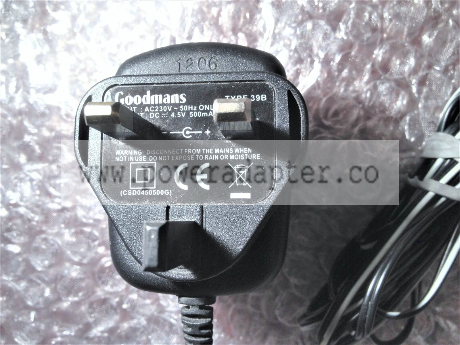 Goodmans Type 39b Charger / Power Adapter – 4.5v 500mA output – mains 3 pin UK Goodmans Type 39b Charger / Power Adap Goodmans Type 39b Charger / Power Adapter – 4.5v 500mA output – mains 3 pin UK Goodmans Type 39b Charger / Power Adap