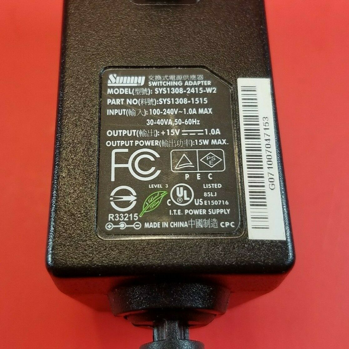 Genuine SUNNY +15V - 1A Switching Adapter Model SYS1308-2415-W2 OEM Power Supply Type: Adapter Features: Powered MPN Genuine SUNNY +15V - 1A Switching Adapter Model SYS1308-2415-W2 OEM Power Supply Type: Adapter Features: Powered MPN
