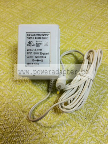 Sha Yao Power Supply SY-03300 Charger 3VDC 300mA Model: SY-03300 MPN: SY-03300 Modified Item: No Output Voltage: 3V Sha Yao Power Supply SY-03300 Charger 3VDC 300mA Model: SY-03300 MPN: SY-03300 Modified Item: No Output Voltage: 3V