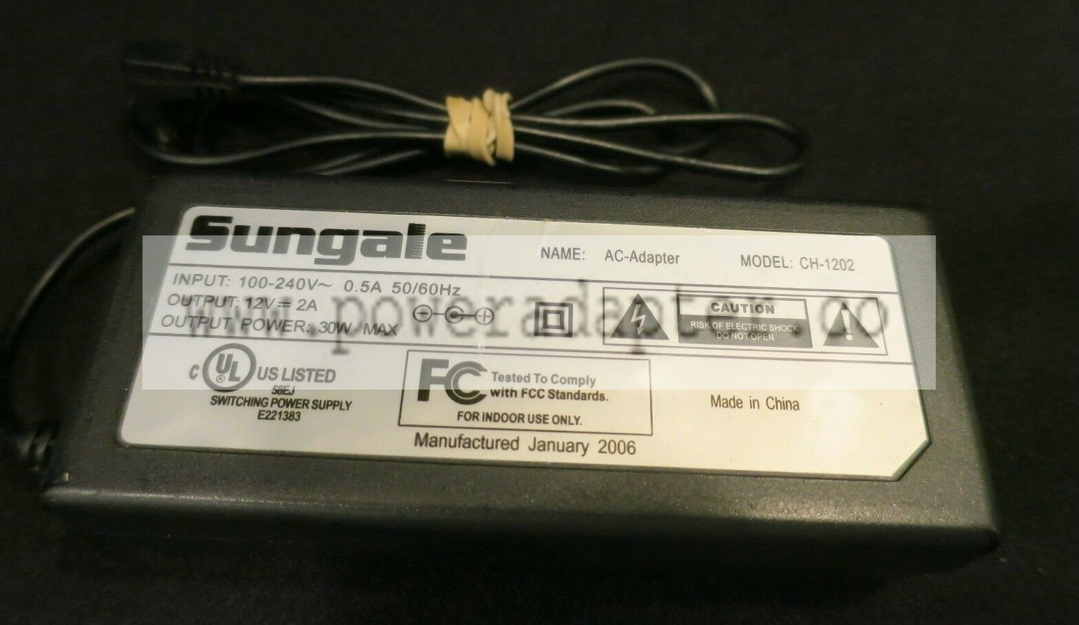 Sungale AC Power Adapter Model CH-1202 Input 100-240V Output 12V Output Power30 Model: CH-1202 MPN: Does Not Apply Sungale AC Power Adapter Model CH-1202 Input 100-240V Output 12V Output Power30 Model: CH-1202 MPN: Does Not Apply