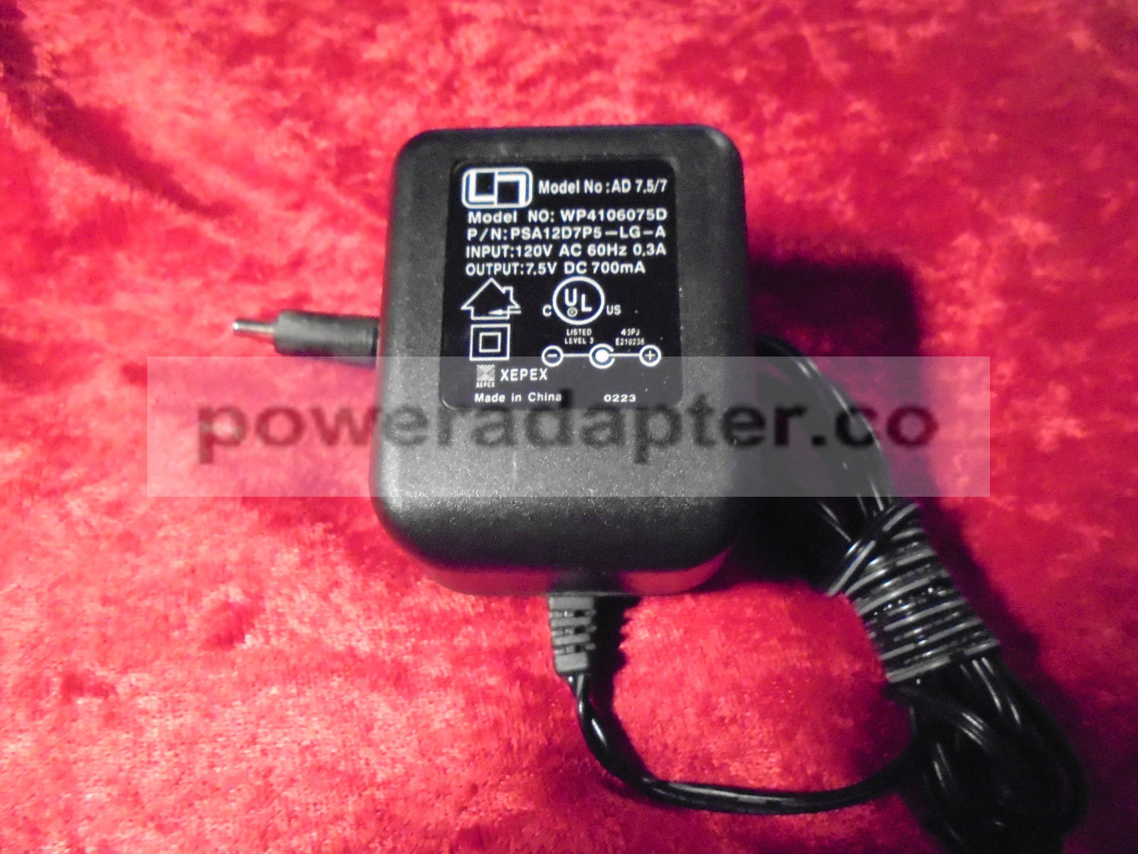 Xepex WP4106075D AD 7.5/7 AC Adapter 7.5VDC 700mA PSA12D7P5-LG-A Condition: Used: An item that has been used previo Xepex WP4106075D AD 7.5/7 AC Adapter 7.5VDC 700mA PSA12D7P5-LG-A Condition: Used: An item that has been used previo