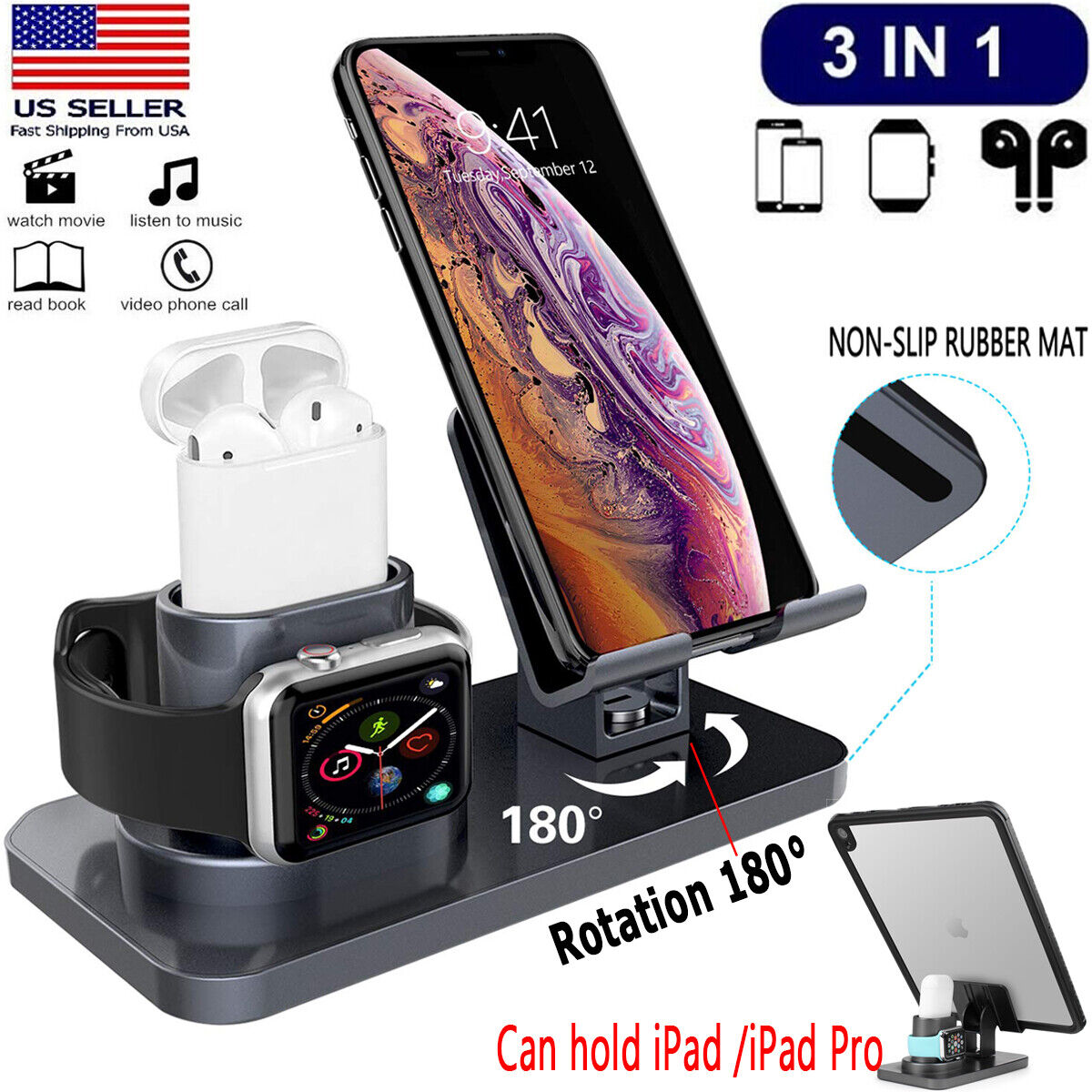3 in 1 Charging Dock Station Holder Stand For Apple Watch AirPods/iPhone 11/iPad Number of Ports 3 Design/Finish 3 in 1 3 in 1 Charging Dock Station Holder Stand For Apple Watch AirPods/iPhone 11/iPad Number of Ports 3 Design/Finish 3 in 1